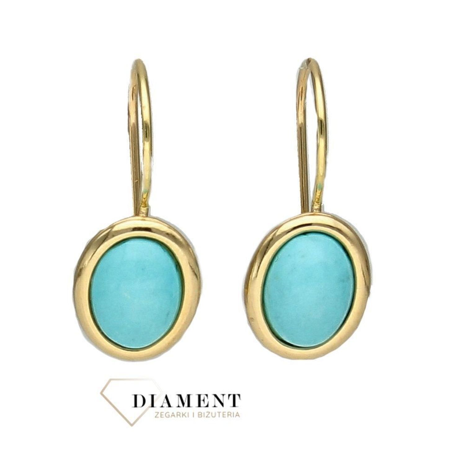 Złote kolczyki klasyczne, owalne z turkusem 585 KL 9400A.jpg